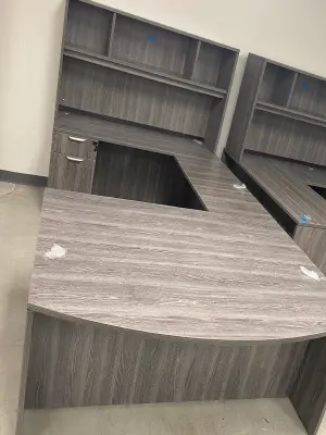 Bowfront U Shaped Desk with Drawers and Key and Hutch at Peach State Office Furniture, Atlanta