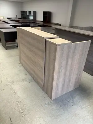 New Aged Oak color reception desk with overlay at Peach State Office Furniture, Atlanta