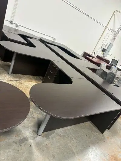 Espresso L shaped desks with deluxe drawers and keys at Peach State Office Furniture, Atlanta