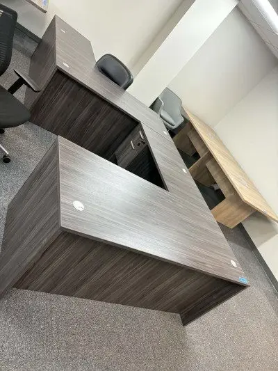 Grey L shaped desks with drawers at Peach State Office Furniture, Atlanta