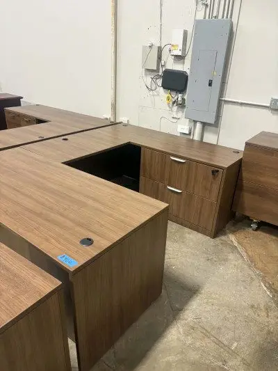 Modern walnut U shaped desk with built in lateral file at Peach State Office Furniture, Atlanta