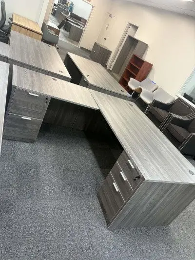 Large Grey executive L shapes with 2 sets of deluxe drawers at Peach State Office Furniture, Atlanta