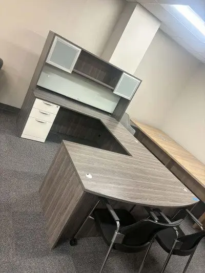 Like New Grey U bowfront U shaped desk with deluxe drawers, hutch with glass doors, and glass magnetic whiteboard at Peach State Office Furniture, Atlanta