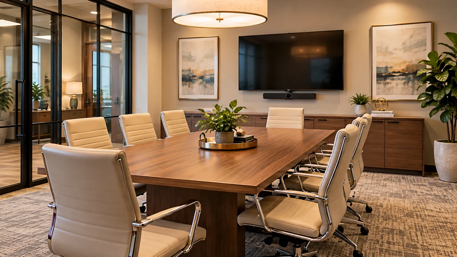 Conference room with a walnut table and cream leather chairs